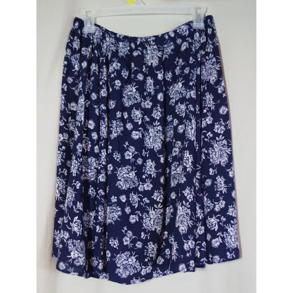 Navy Blue Medium? Floral A-Line Skirt Elastic Waist Cottagecore Prairie Boho